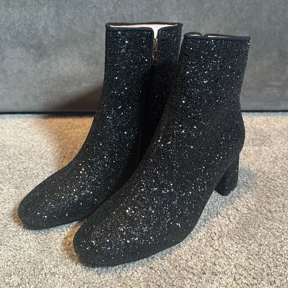 Women’s Black Glitter Covered Chunky Heeled Party Boots Zipper Size 10.5